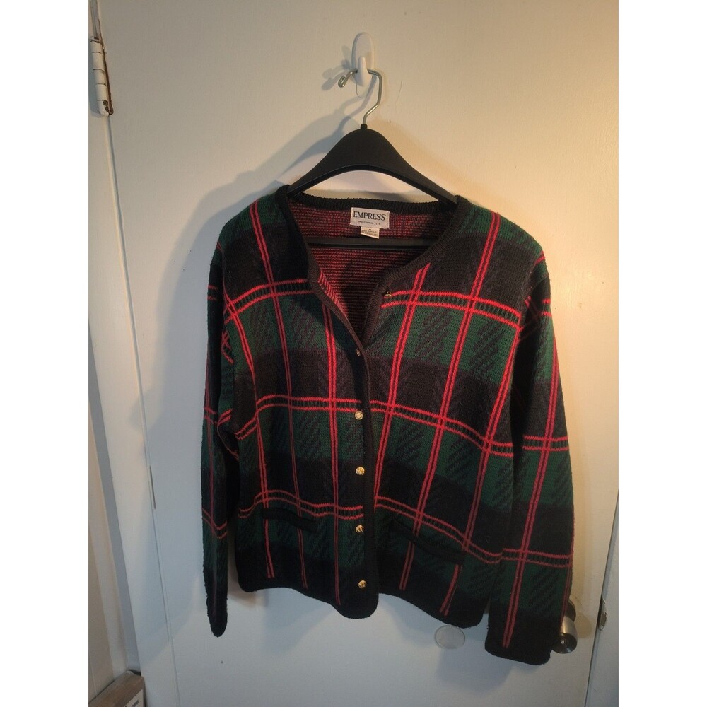 Vintage 90s Empress Plaid Knit Cardigan Sweater Womens M Medium Red Green Tartan